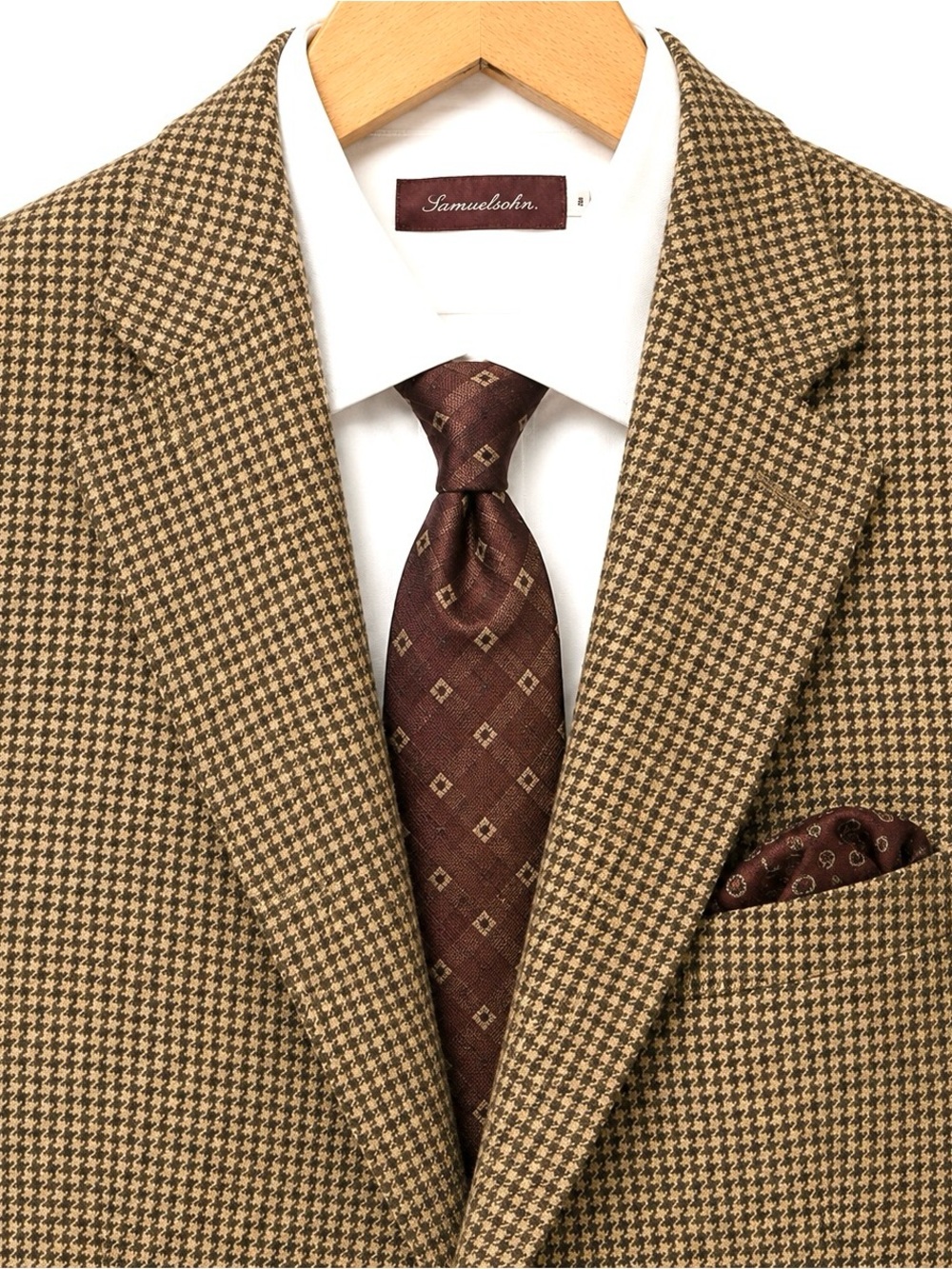 Samuelsohn 46L Sport Coat Blazer Silk Wool Houndstooth Tan Brown Made in Canada